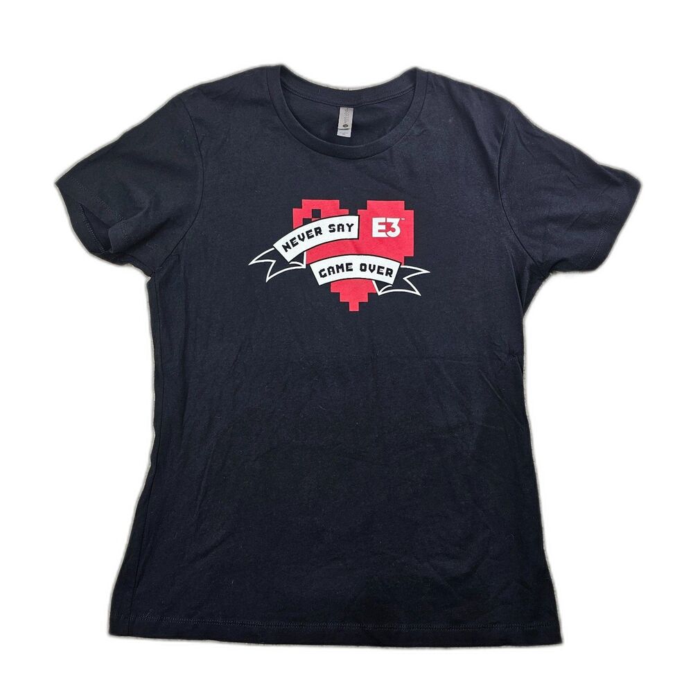 E3 Never Say Game Over Pixelated Heart T-Shirt Black Women's Size XL
